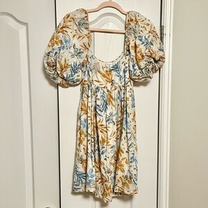 Floral Babydoll Balloon Sleeve Dress | Cream / Orange / Blue | Size Medium
